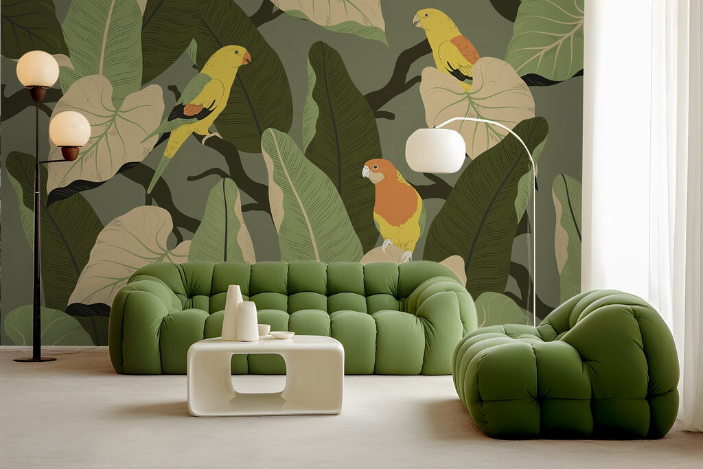 Colorful birds on a tree branch