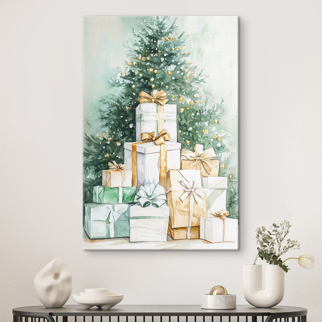Watercolor of presents under a tree