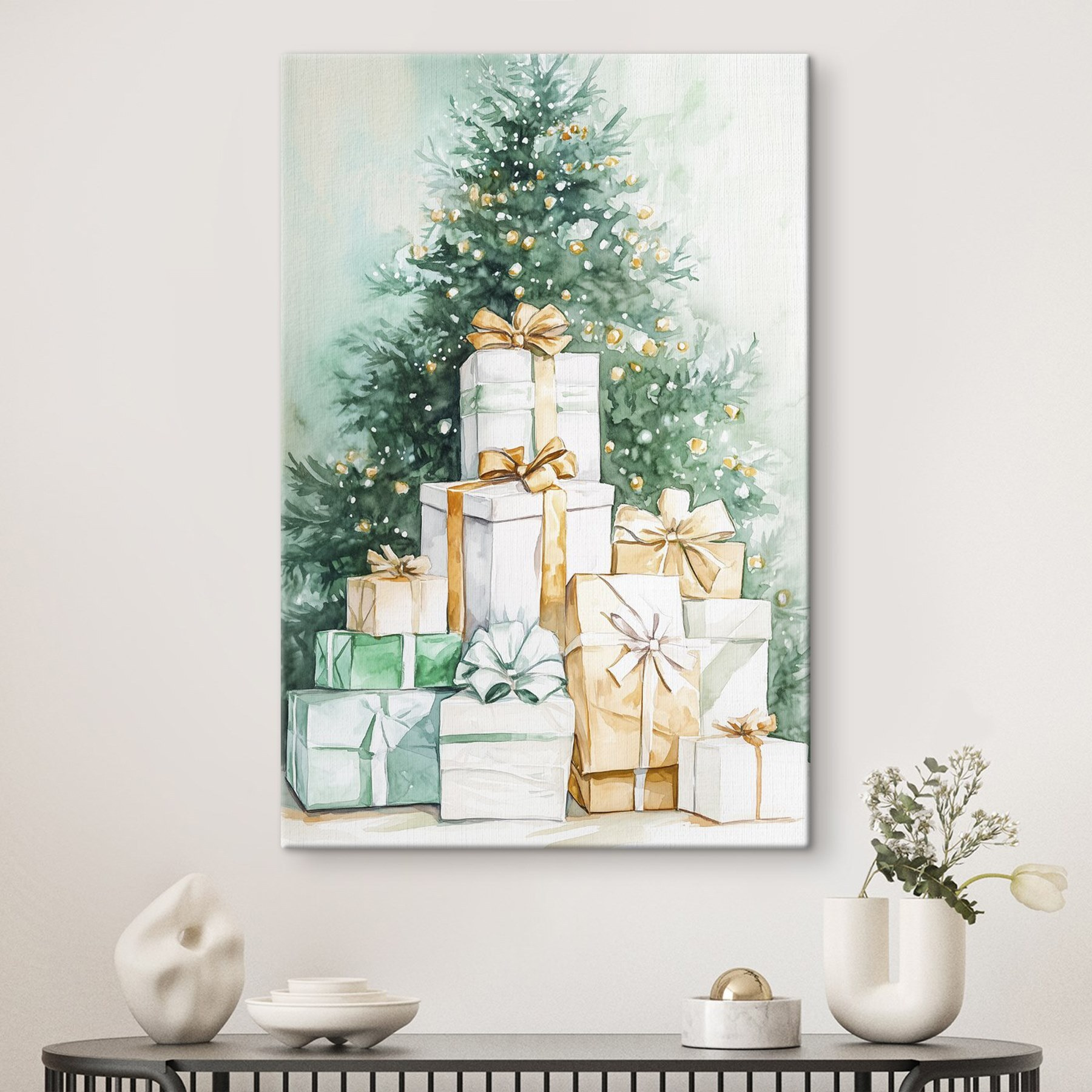 Watercolor of presents under a tree