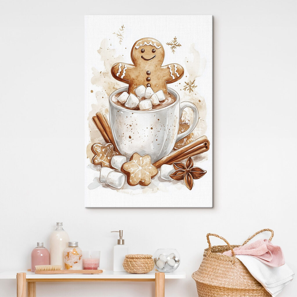 Gingerbread man in a mug of hot chocolate