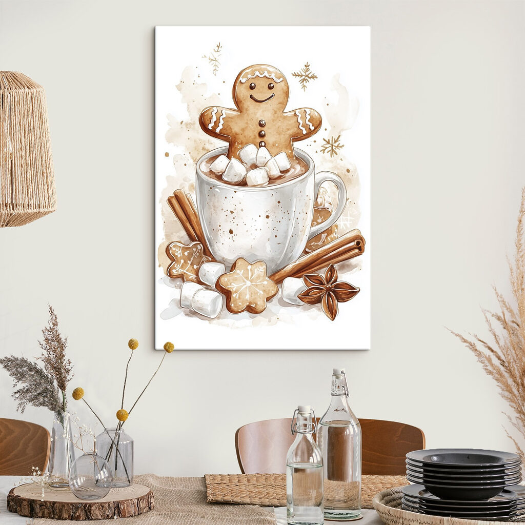 Gingerbread man in a mug of hot chocolate