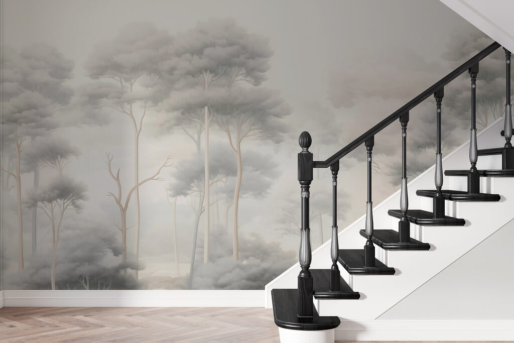 Group of trees in a foggy forest Group of trees in a foggy forest