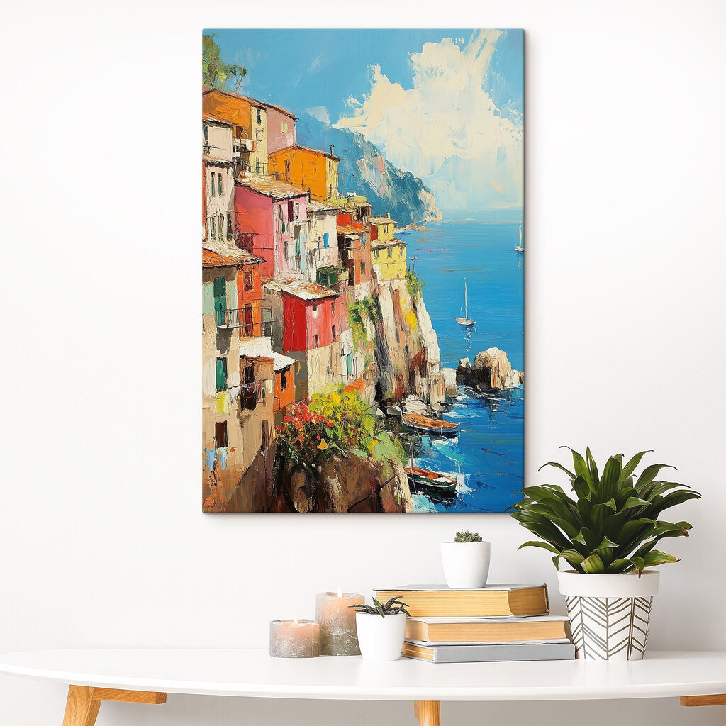 Painting of a colorful town on a cliff by the water Painting of a colorful town on a cliff by the water