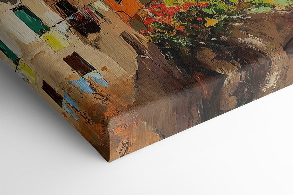 Painting of a colorful town on a cliff by the water Painting of a colorful town on a cliff by the water