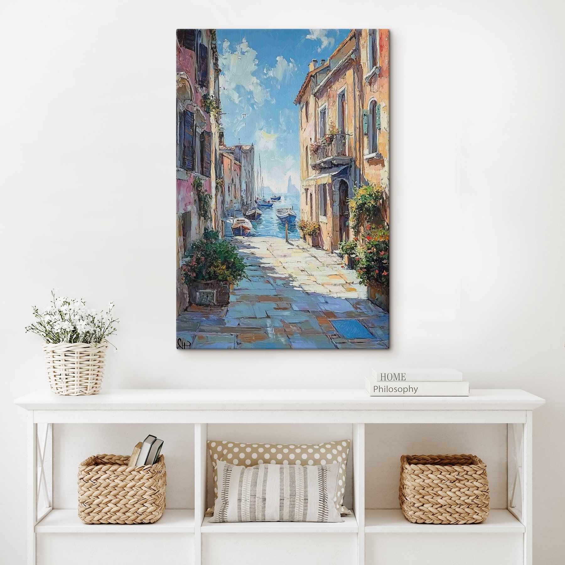 Painting of a street with boats and buildings