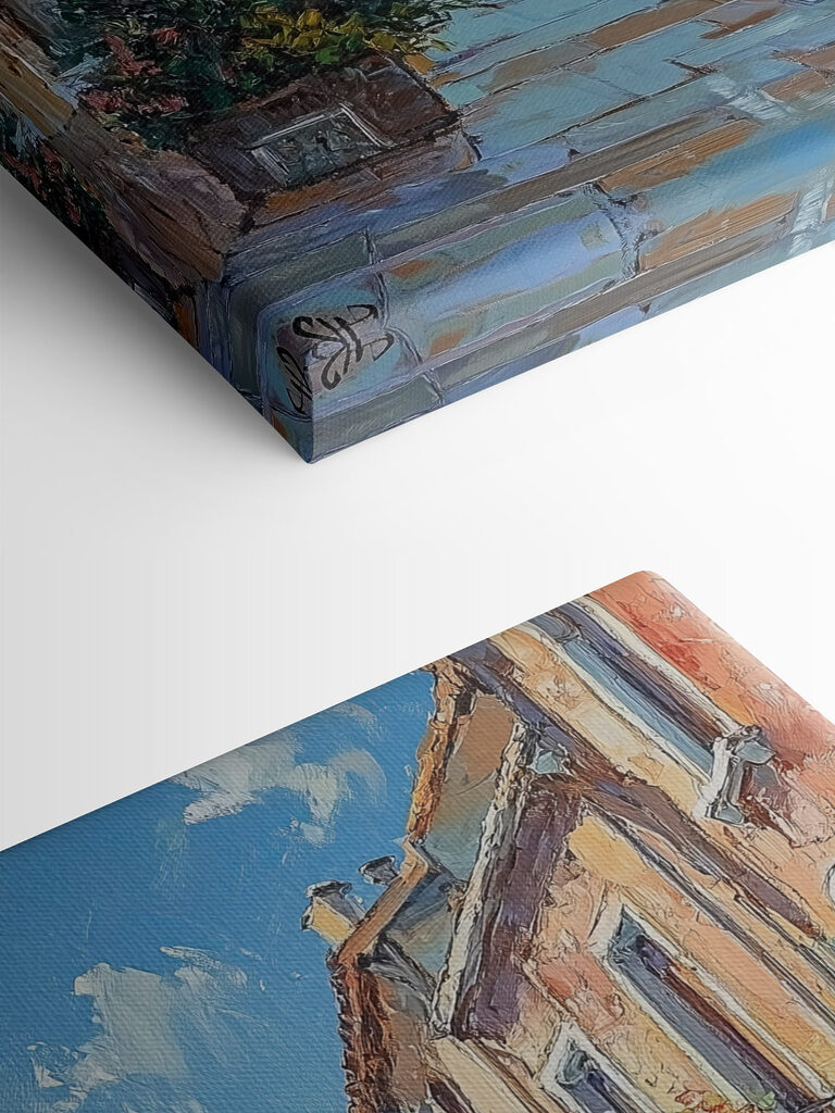 Painting of a street with boats and buildings