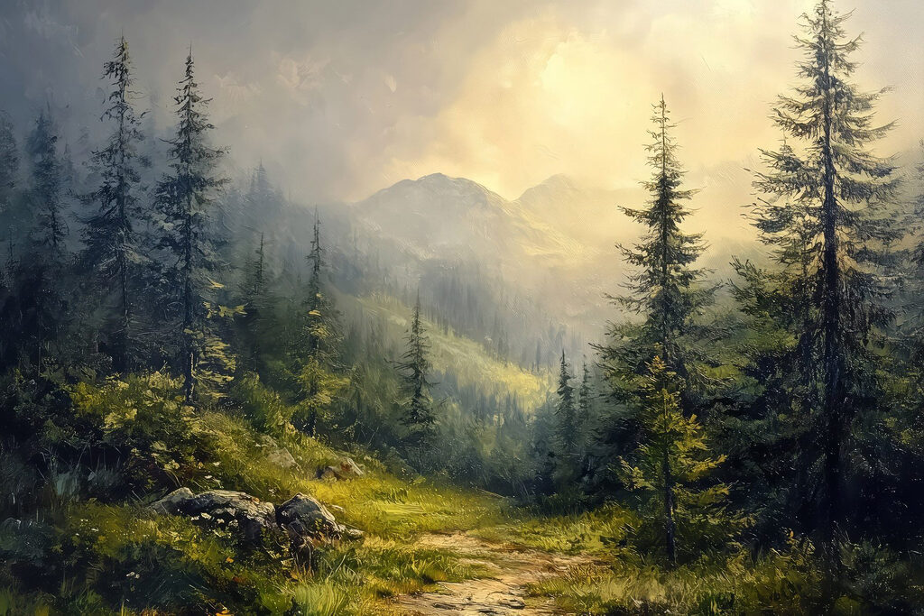 Painting of a forest with mountains and trees