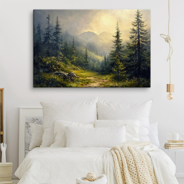 Painting of a forest with mountains and trees