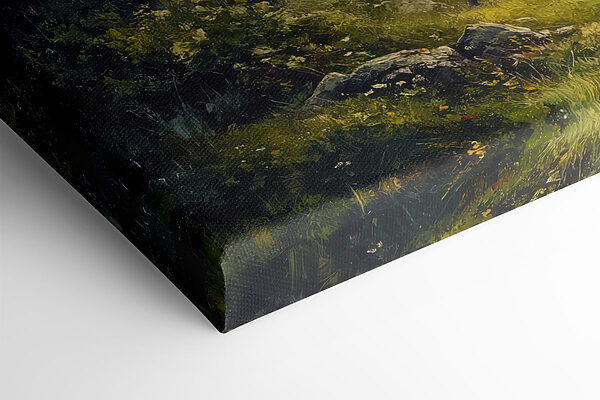 Painting of a forest with mountains and trees