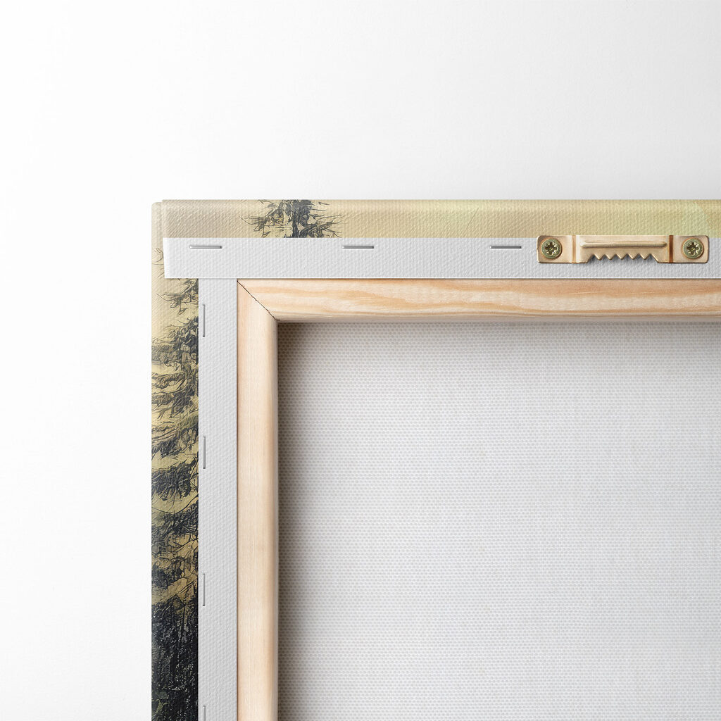 Painting of a forest with mountains and trees