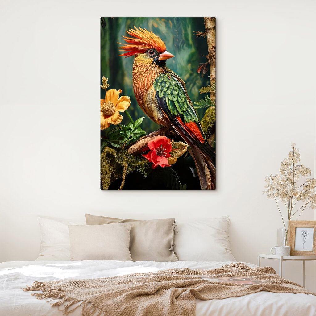 Colorful bird sitting on a branch with flowers Colorful bird sitting on a branch with flowers