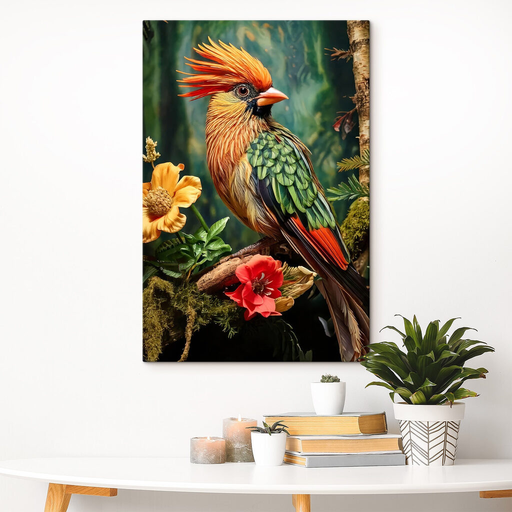 Colorful bird sitting on a branch with flowers Colorful bird sitting on a branch with flowers