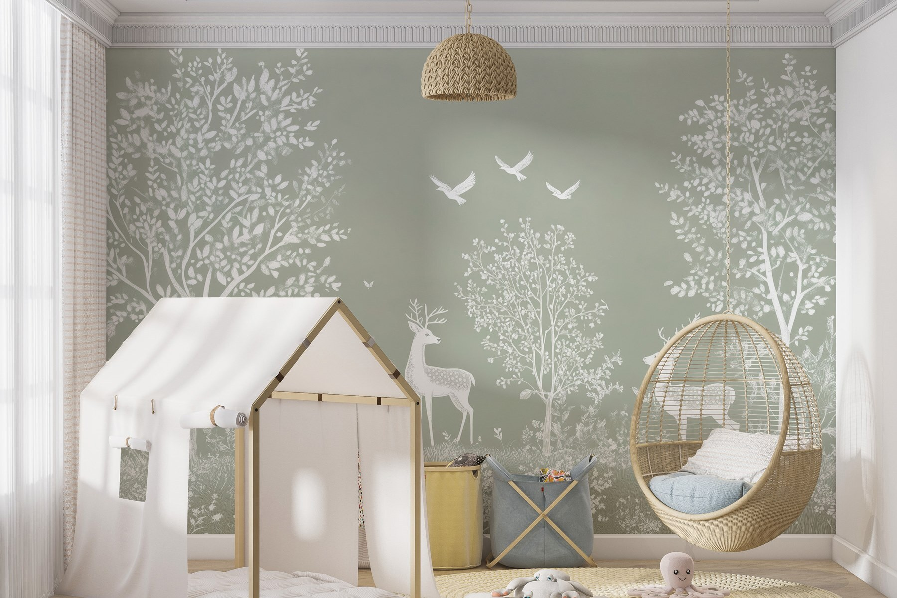 White deer and birds in a forest