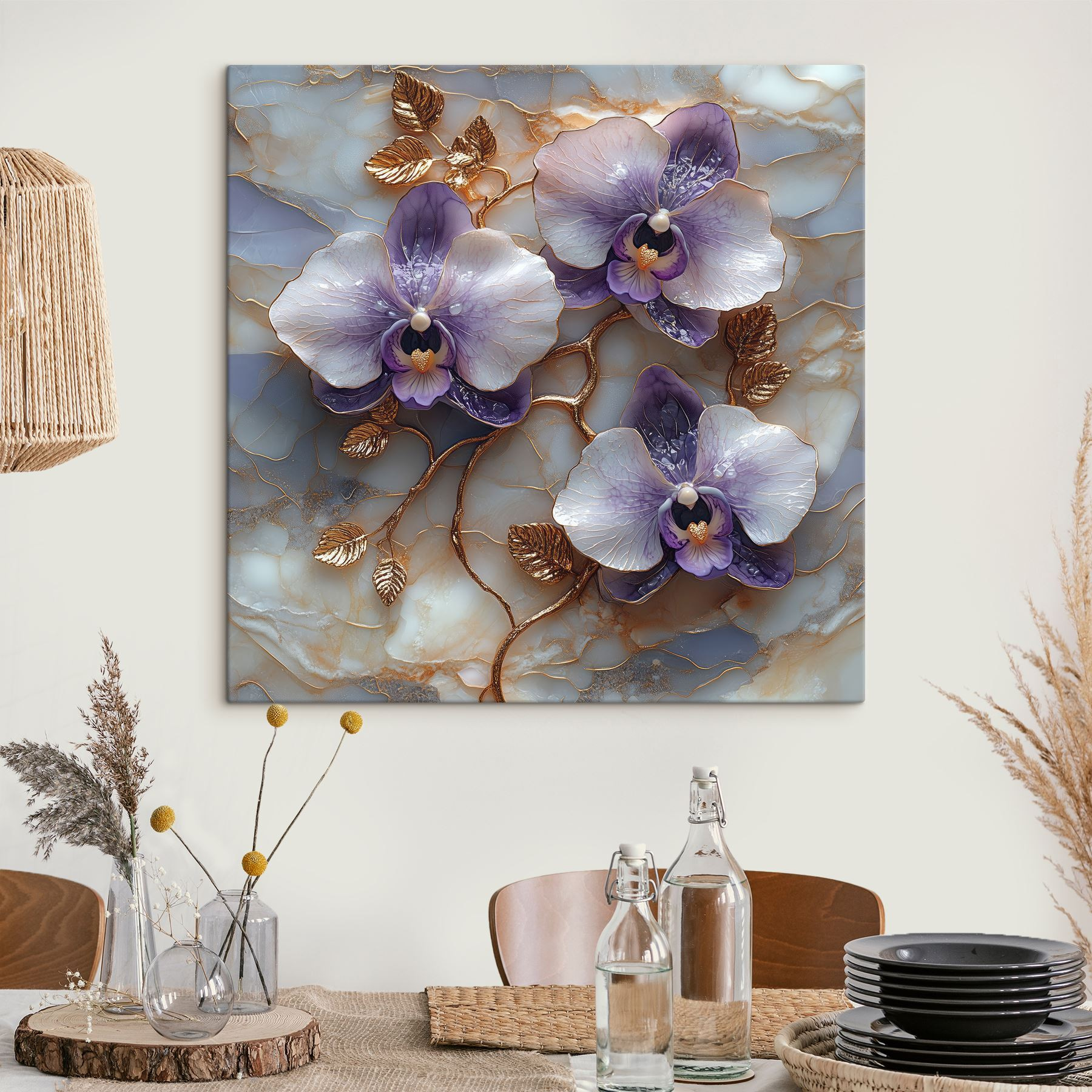 Delicate orchids on marble backdrop