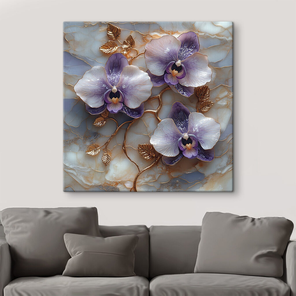 Delicate orchids on marble backdrop