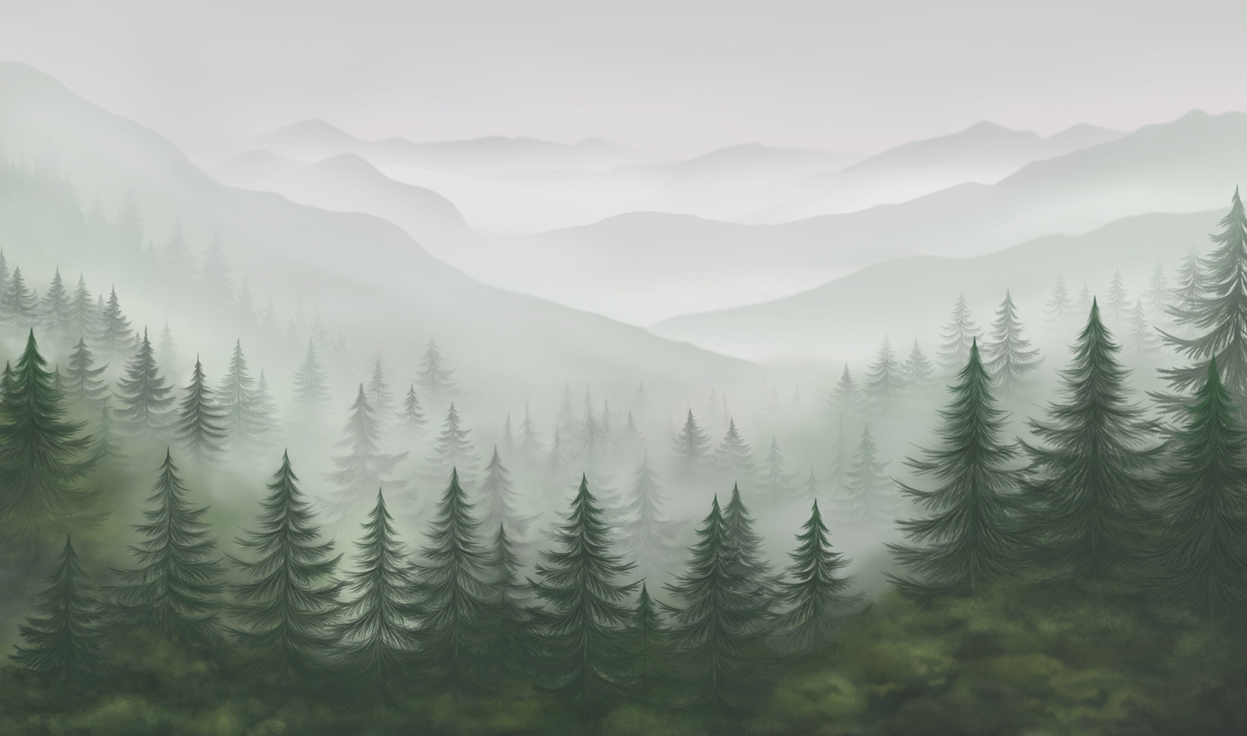 Foggy landscape with trees and mountains