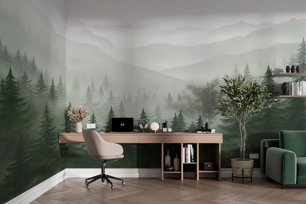 Foggy landscape with trees and mountains