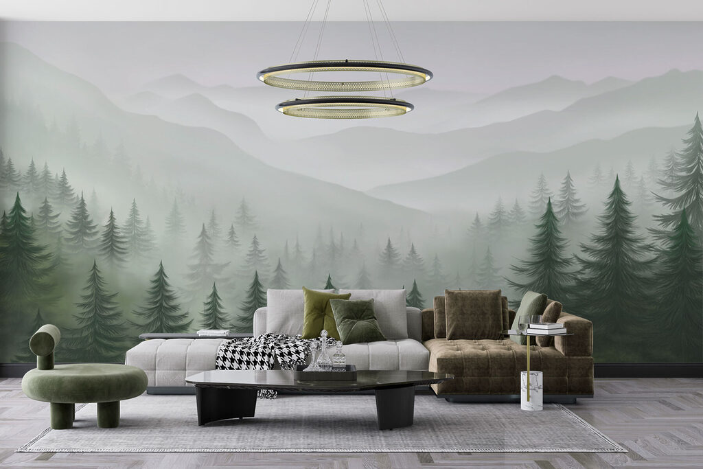 Foggy landscape with trees and mountains