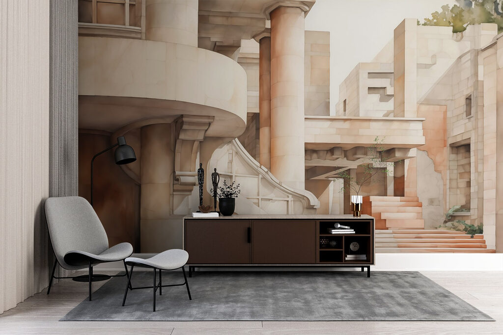 Painting of a building with stairs and steps