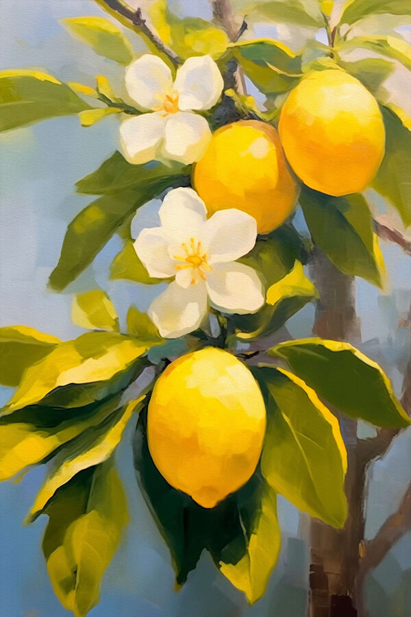 Painting of lemons and flowers on a tree Painting of lemons and flowers on a tree