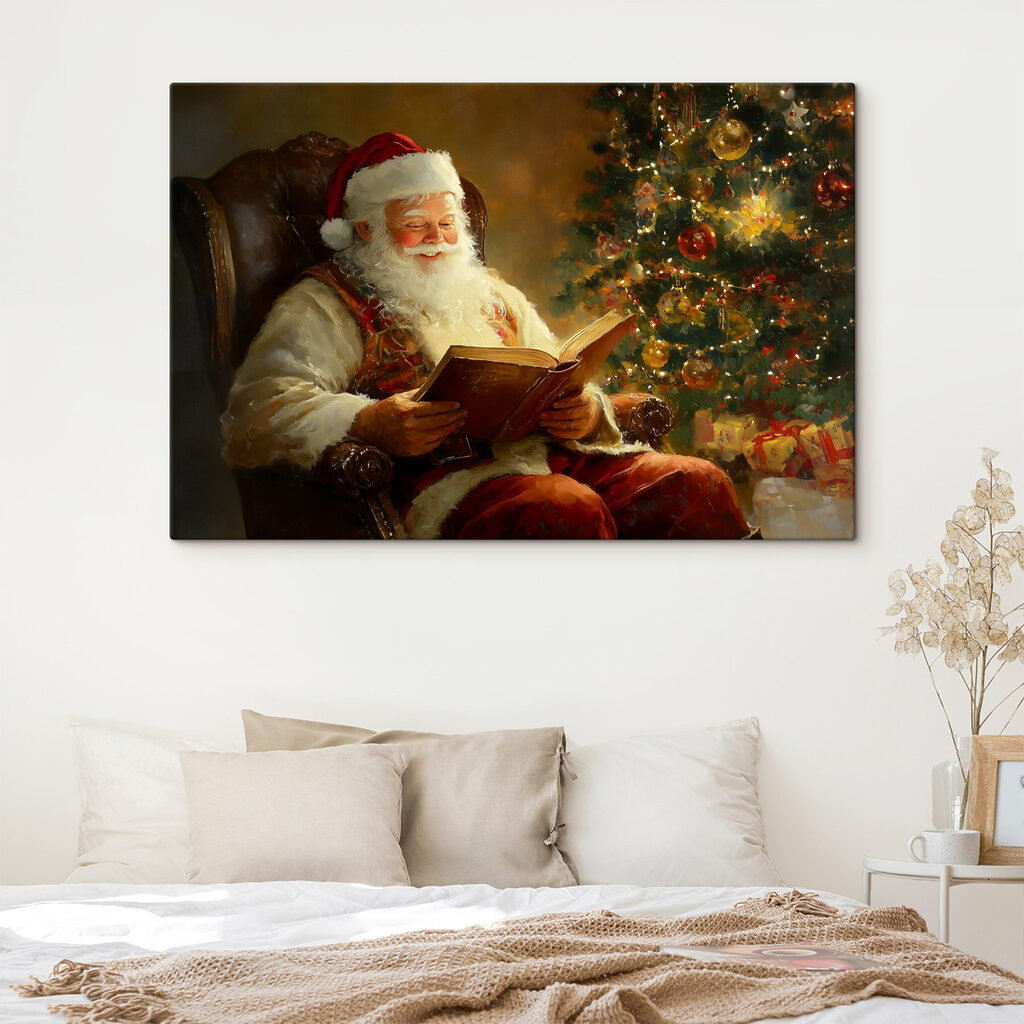 Painting of a santa reading a book