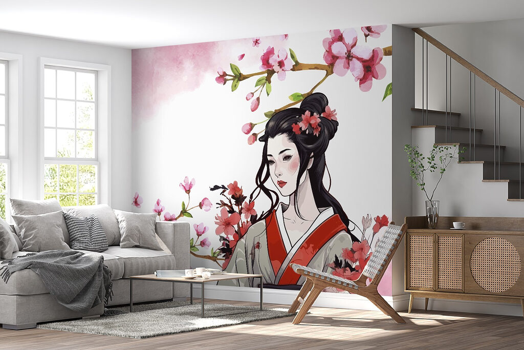 Woman in a kimono with flowers Woman in a kimono with flowers