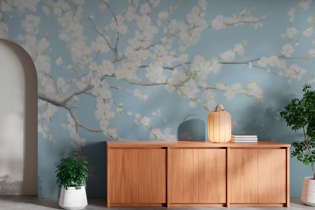 Painting of a tree with white flowers Painting of a tree with white flowers