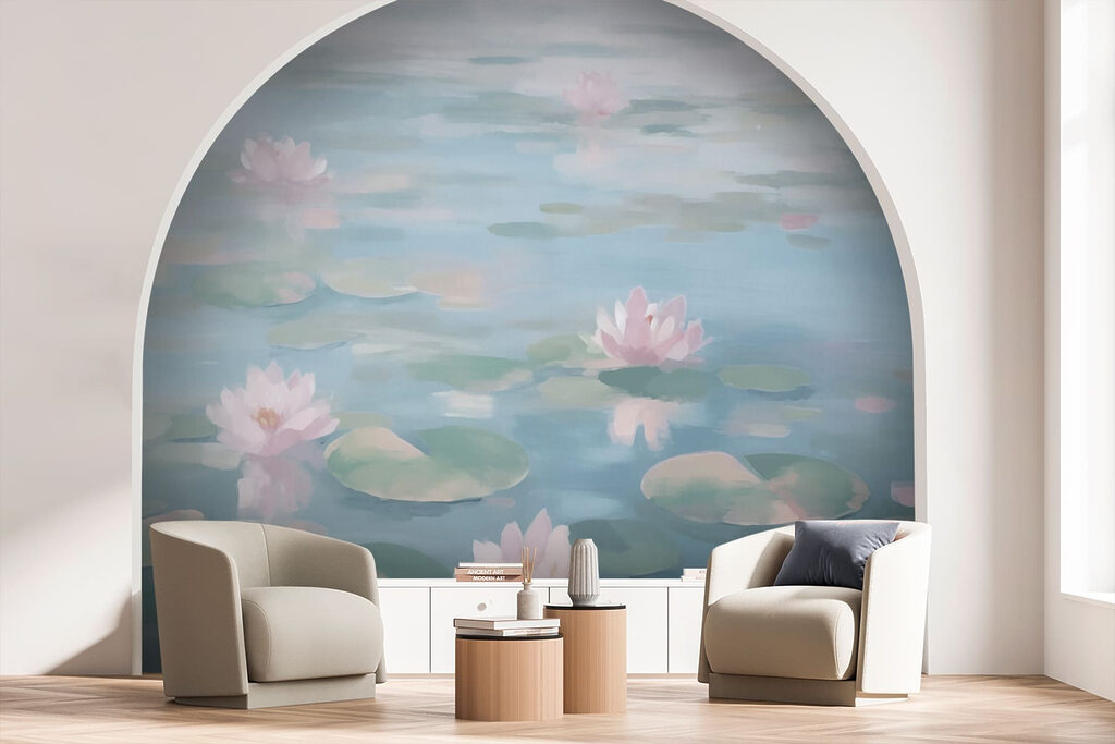 Water with lily pads and pink flowers Water with lily pads and pink flowers