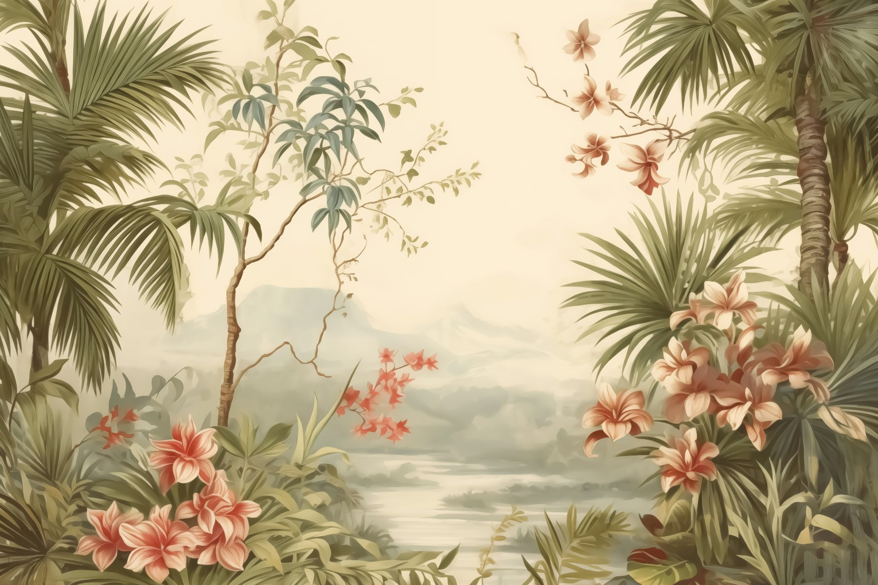 Wallpaper with flowers and trees