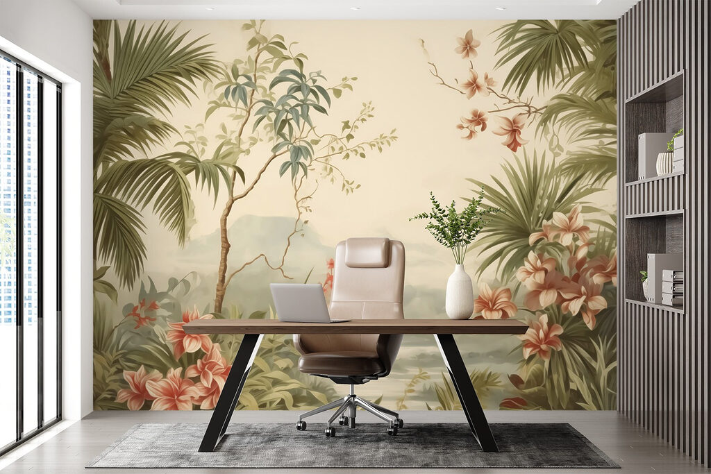 Wallpaper with flowers and trees