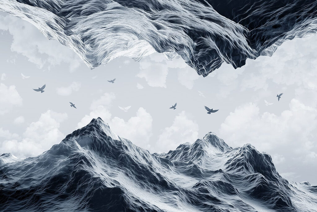 Birds flying over a snowy mountain
