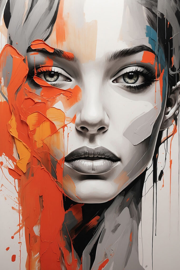 Painting of a woman with orange paint on her face Painting of a woman with orange paint on her face