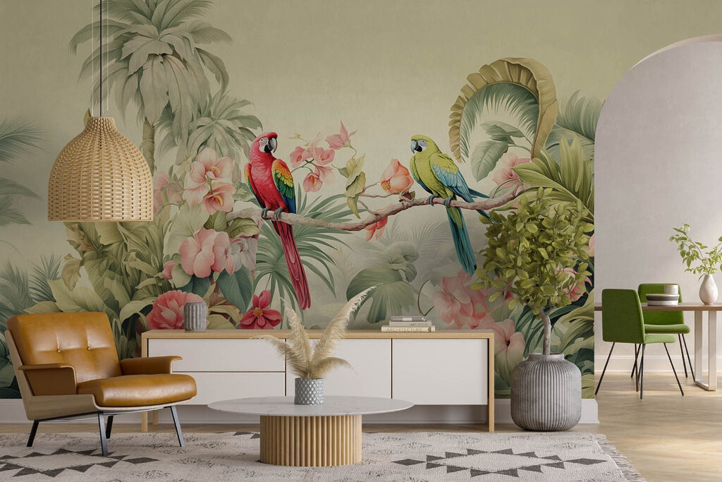 Couple of parrots on a branch with flowers Couple of parrots on a branch with flowers