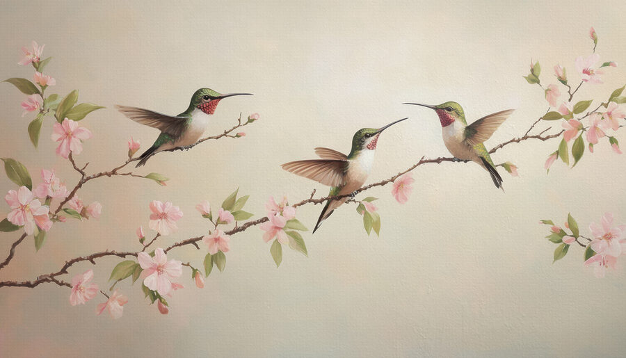 Kolibri festmény egy virágos ágon virágokkal