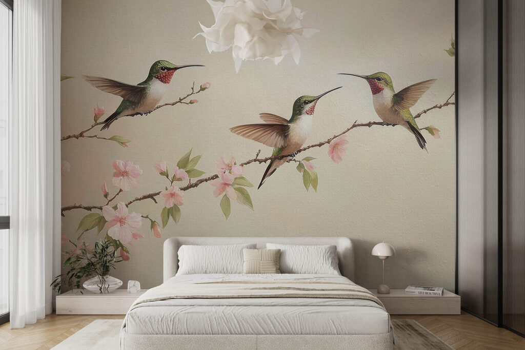 Painting of hummingbirds on a branch with flowers Painting of hummingbirds on a branch with flowers