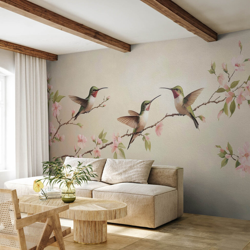 Painting of hummingbirds on a branch with flowers Painting of hummingbirds on a branch with flowers