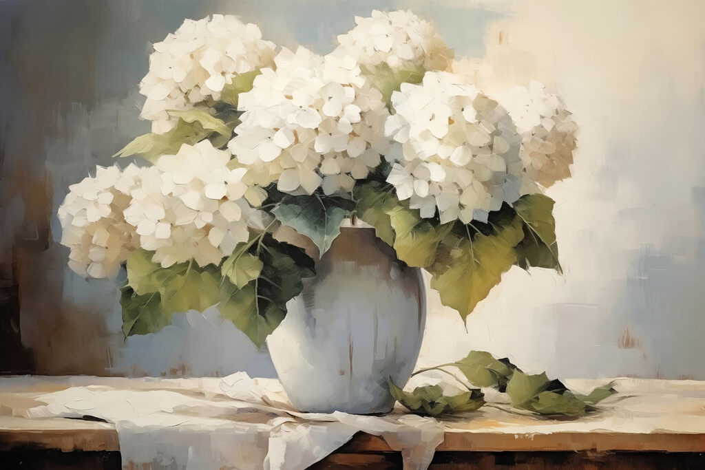 Painting of white flowers in a vase