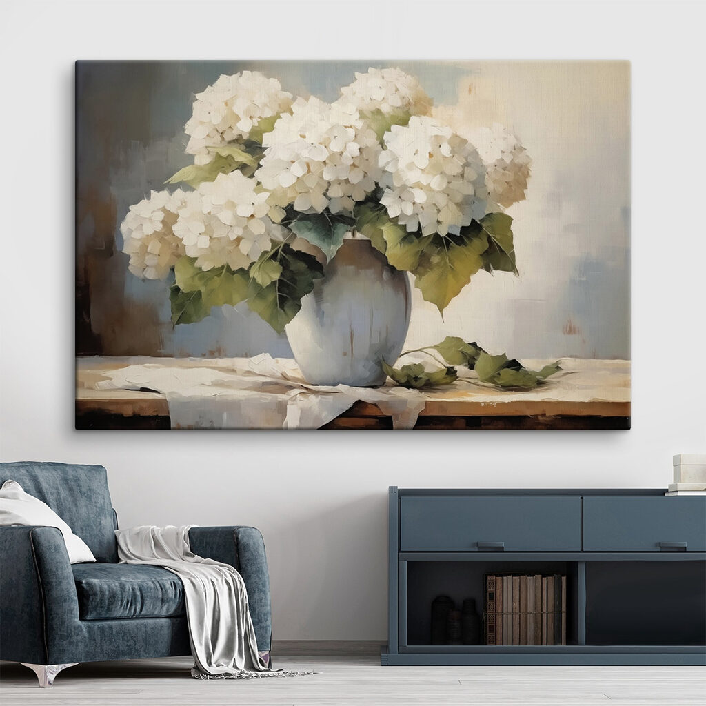 Painting of white flowers in a vase