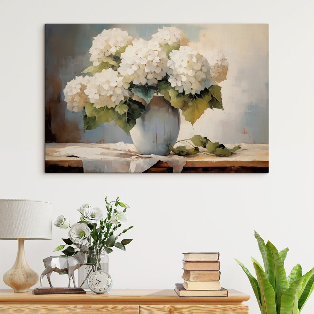 Painting of white flowers in a vase