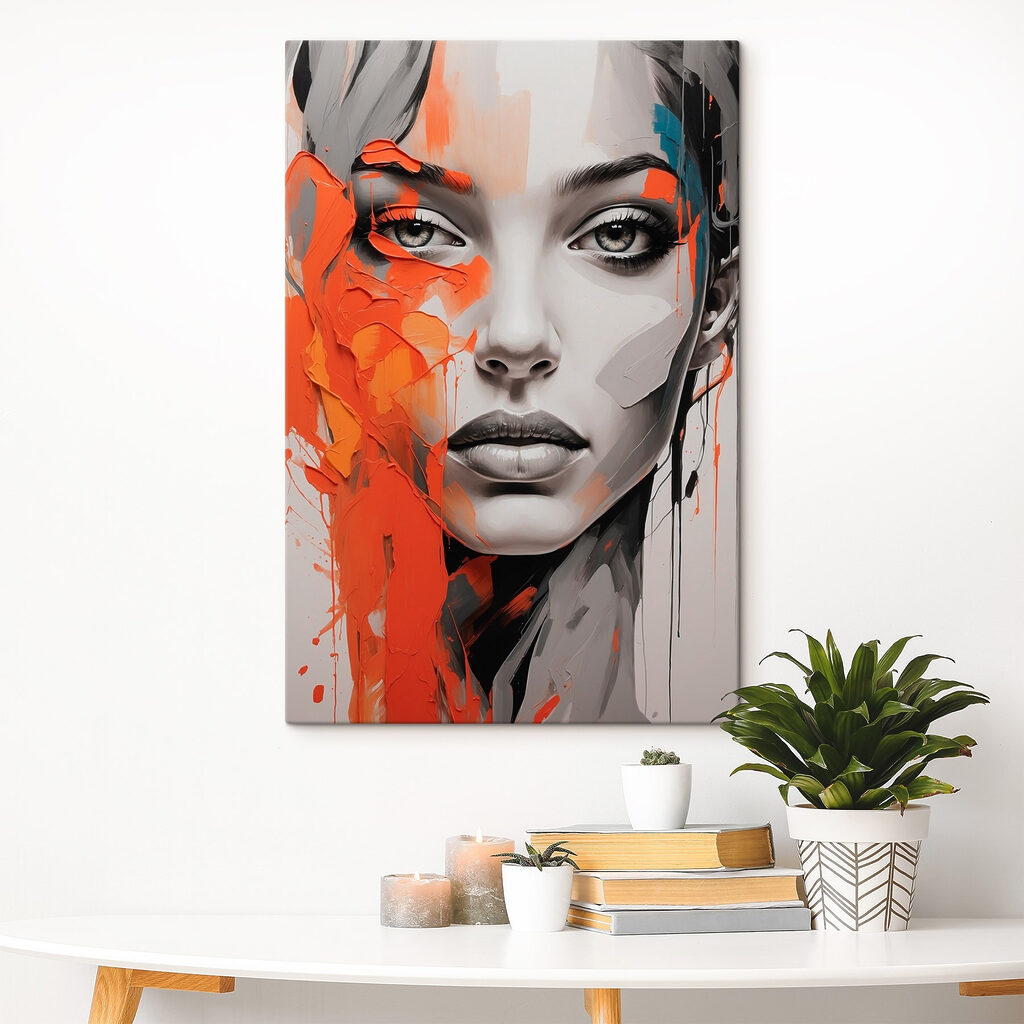 Painting of a woman with orange paint on her face Painting of a woman with orange paint on her face