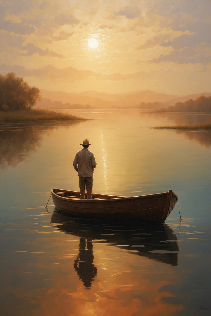 Man standing in a boat on a lake