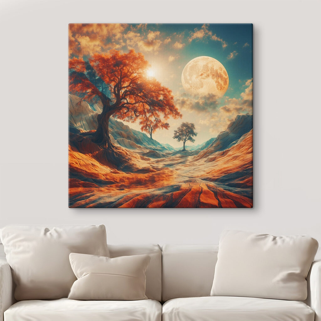 Landscape with trees and mountains and a moon