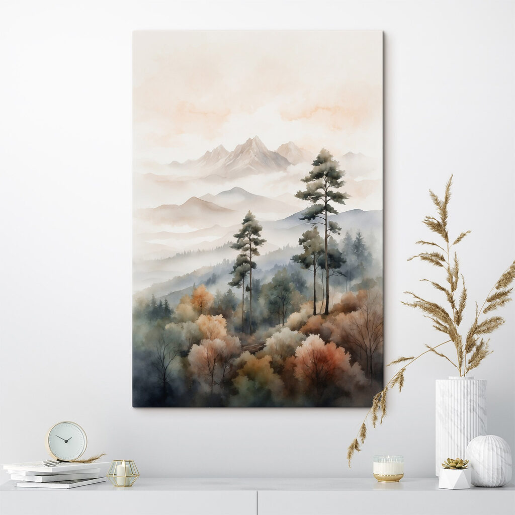 Watercolor painting of trees and mountains
