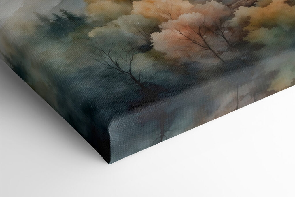 Watercolor painting of trees and mountains