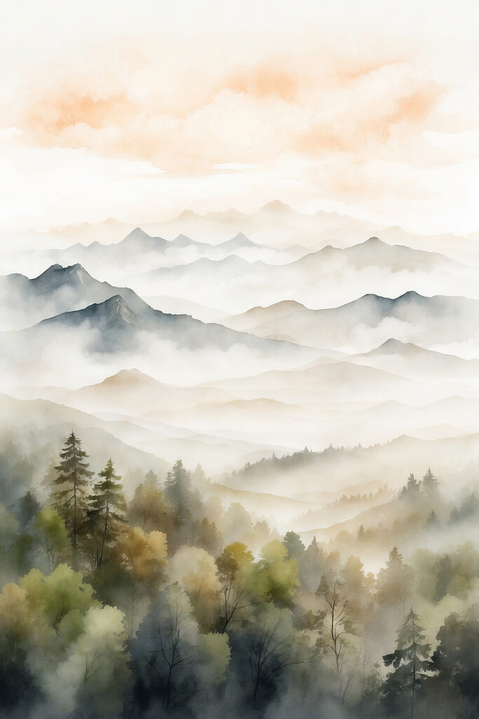 Watercolor painting of mountains and trees