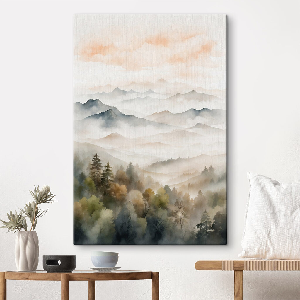 Watercolor painting of mountains and trees