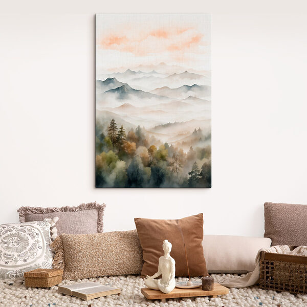 Watercolor painting of mountains and trees