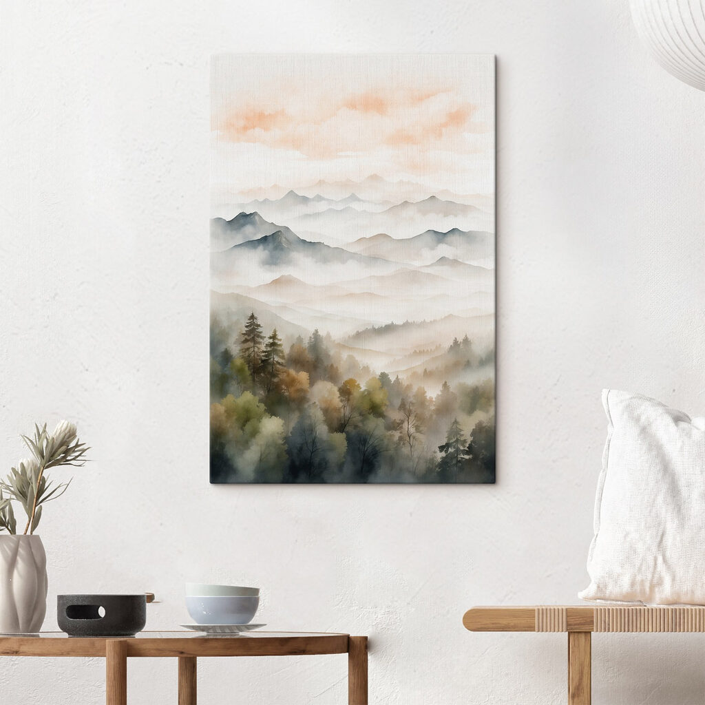 Watercolor painting of mountains and trees