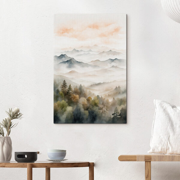 Watercolor painting of mountains and trees