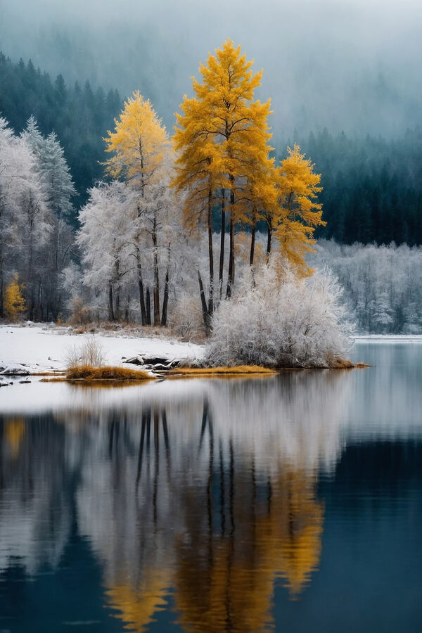 Lake with trees and snow